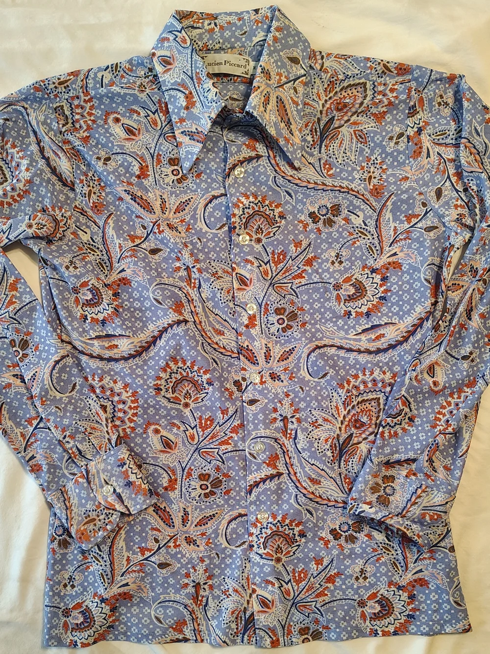 Lucien Piccard 1970's Men’s Blue Paisley Butterfly Collar Disco Shirt Size M - Picture 2 of 10